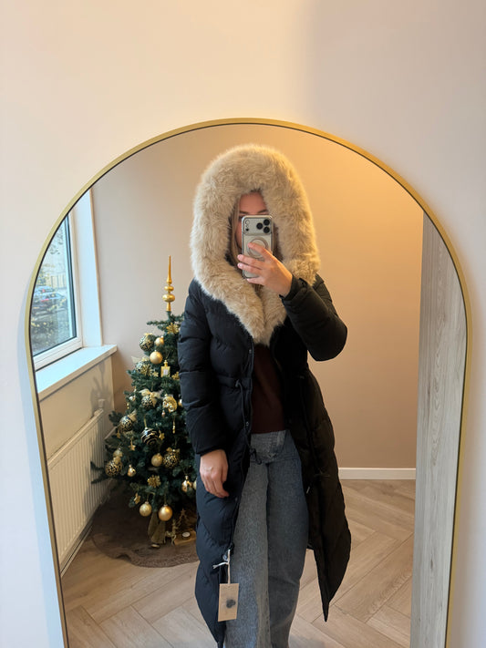 Fake fur black long jacket