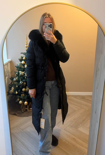 Fake fur black long jacket