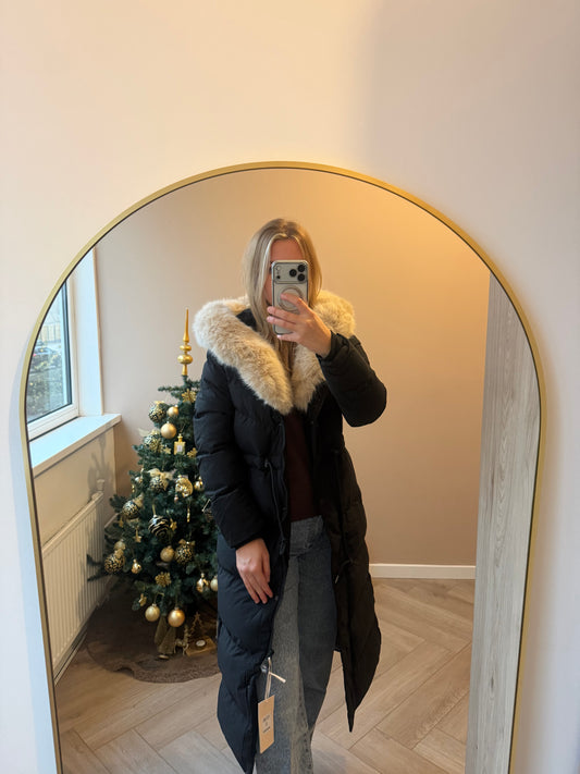 Fake fur black long jacket